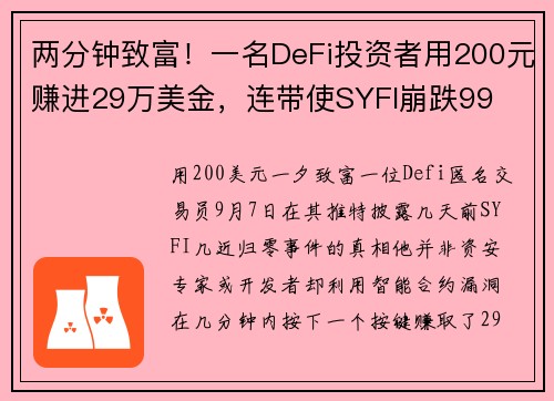 两分钟致富！一名DeFi投资者用200元赚进29万美金，连带使SYFI崩跌99